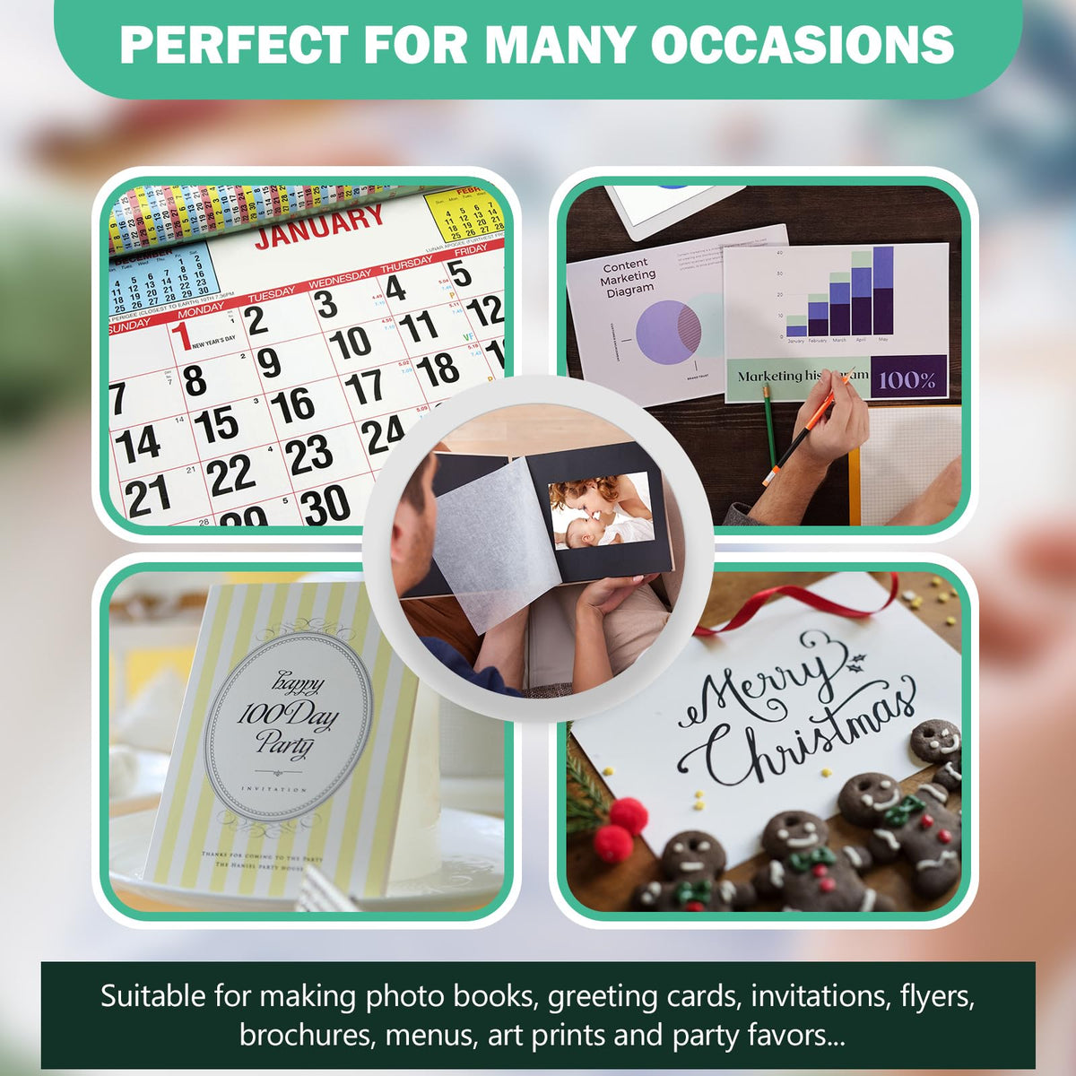 Papel Fotográfico Brillante para Impresora Inkjet, Paquete Variado 3.5x5, 4x6, 5x7, 150 Hojas