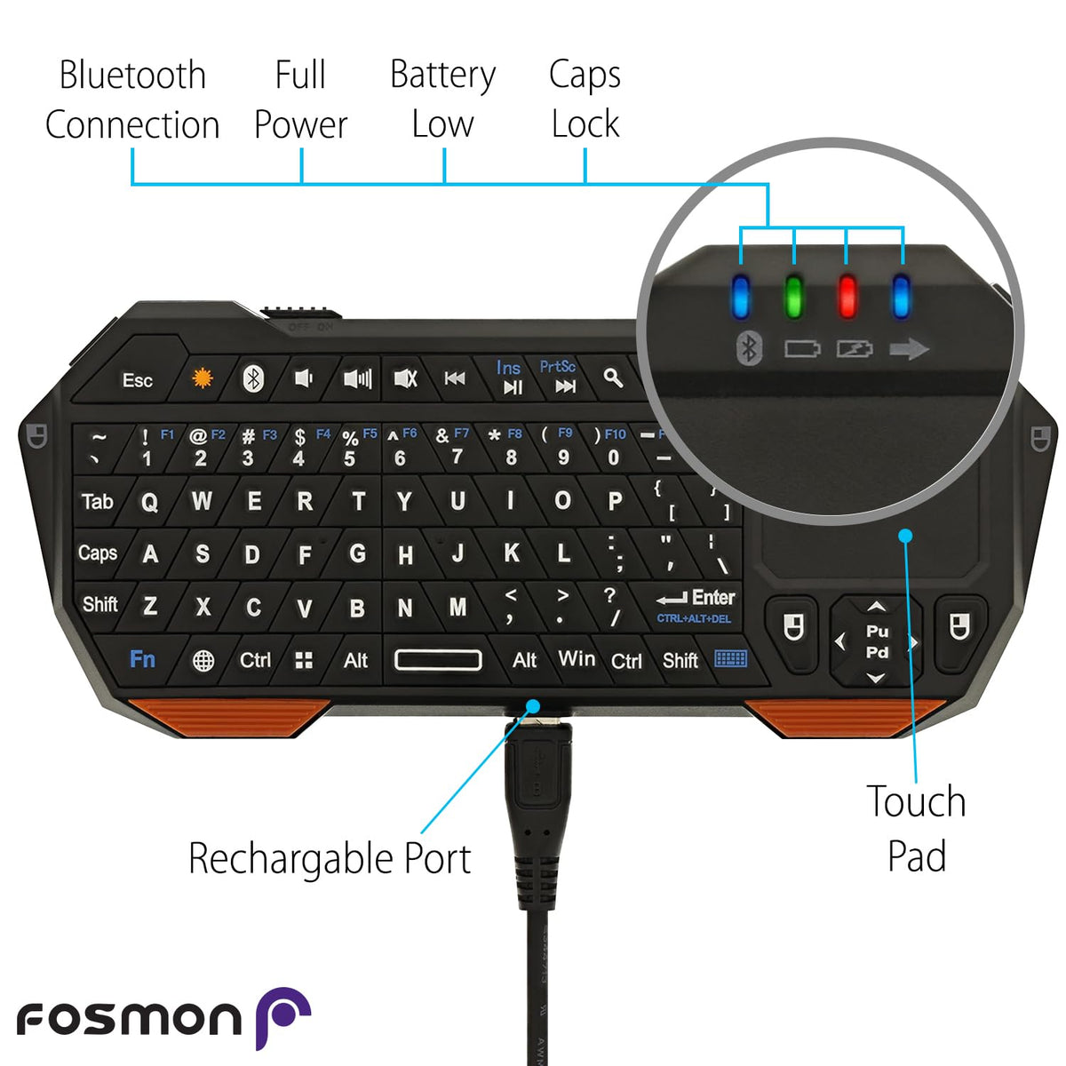 Teclado Bluetooth Inalámbrico Fosmon Negro con Touchpad Retroiluminado Portátil
