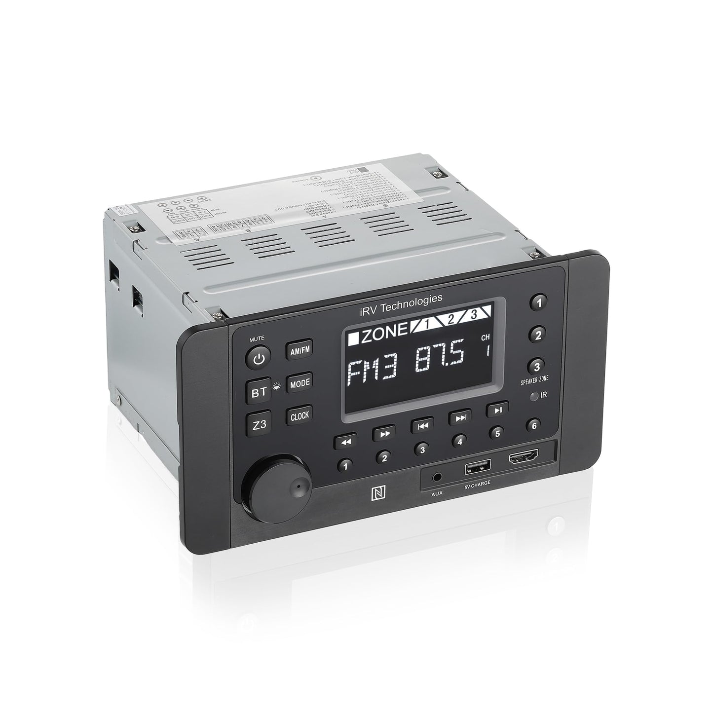 IRV Technology Mechless Wallmount RV estéreo 3 Zonas con Bluetooth HDMI ARC, Control de aplicación, Am/FM/App, NFC, Carga USB, Sonido Envolvente Digital, Reloj, Soporte CEC (3 Zonas + 7 Altavoces)