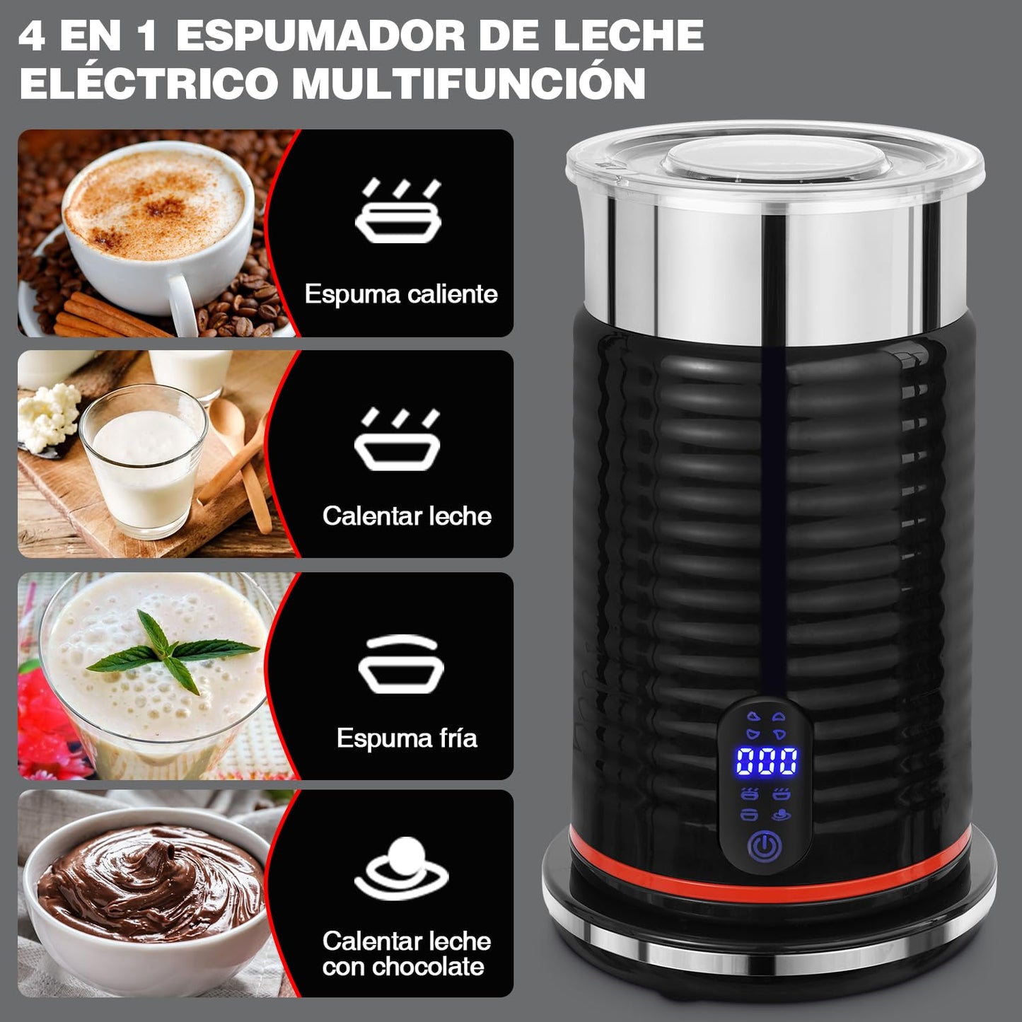 Espumador de Leche Eléctrico 4 en 1 Negro para Café, Latte y Capuchino