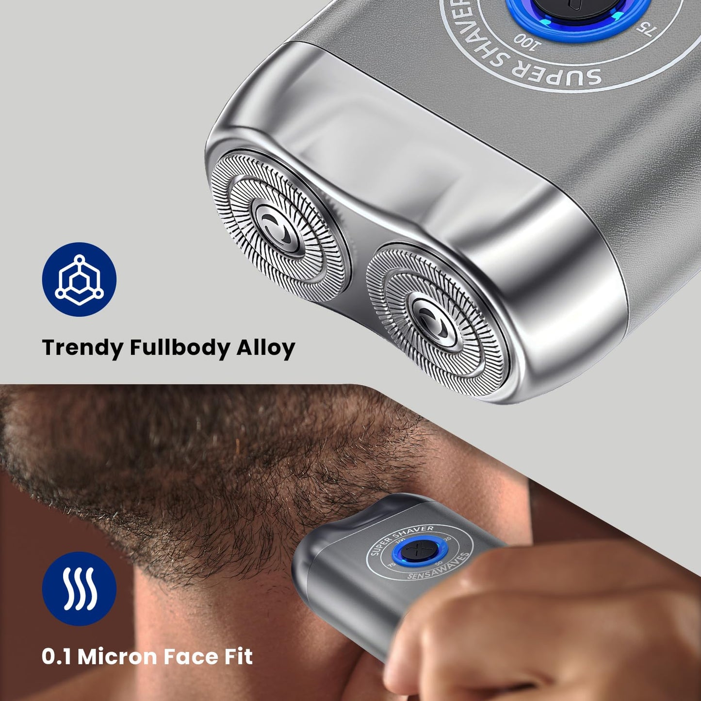 SensaWaves Mini afeitadora eléctrica, afeitadora portátil de aleación, afeitadora inalámbrica, recargable USB-C para hombres, afeitado en seco, IPX7 impermeable, cabezal desmontable, fácil limpieza