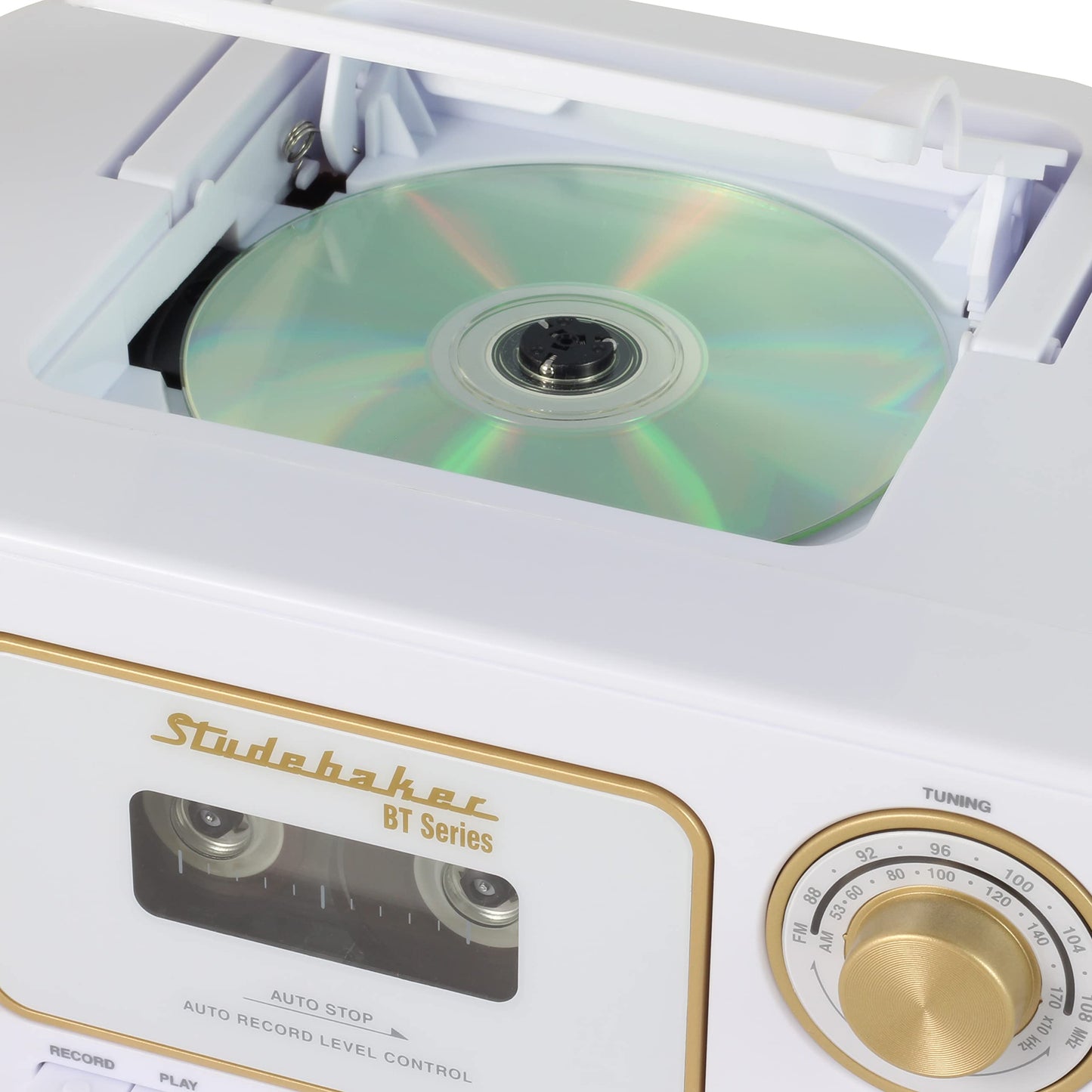 Studebaker CD estéreo portátil Bluetooth, radio estéreo AM/FM y reproductor de cassette/grabadora (blanco y dorado)