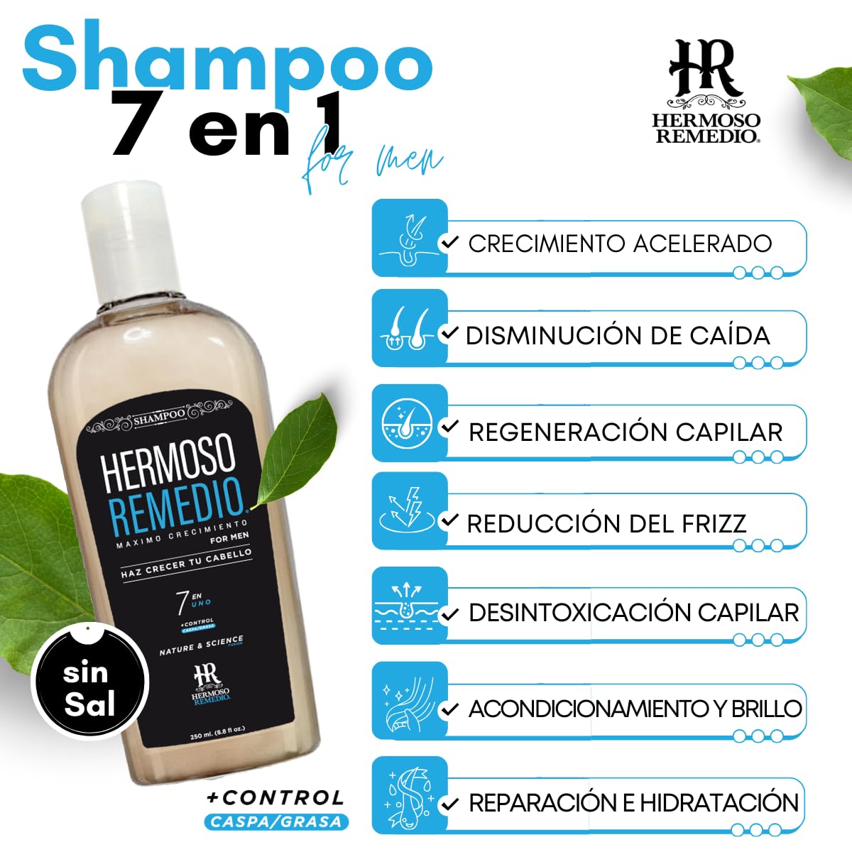 Shampoo Acondicionador HR Hermoso Remedio Crecimiento y Reparación Cabello Verde Sin Sal y Parabenos