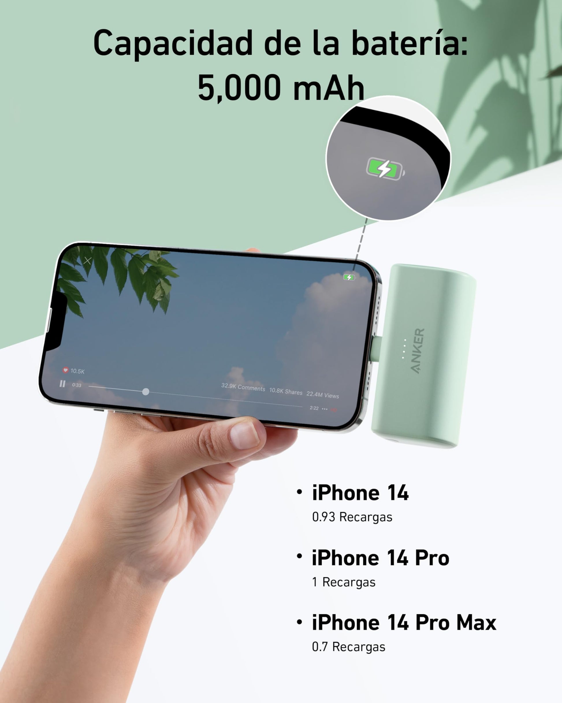 Power Bank Anker Nano 5000 mAh con Lightning Plegable para iPhone 14/13/12 Pro/MAX