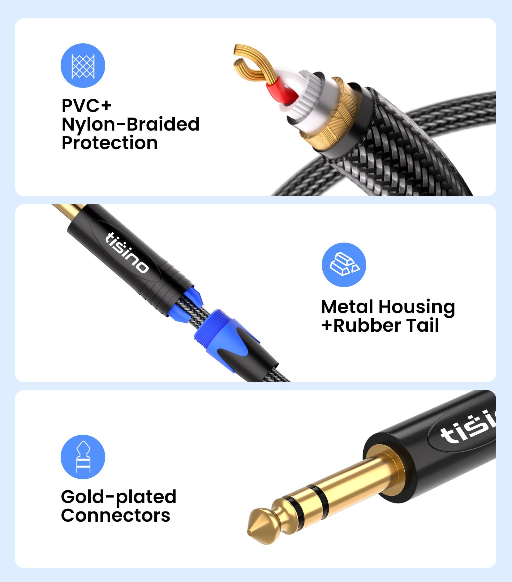 TISINO Cable TRS de 6,35 mm, trenzado de nailon de 6,35 mm, cable de audio balanceado, macho a macho, 5 metros