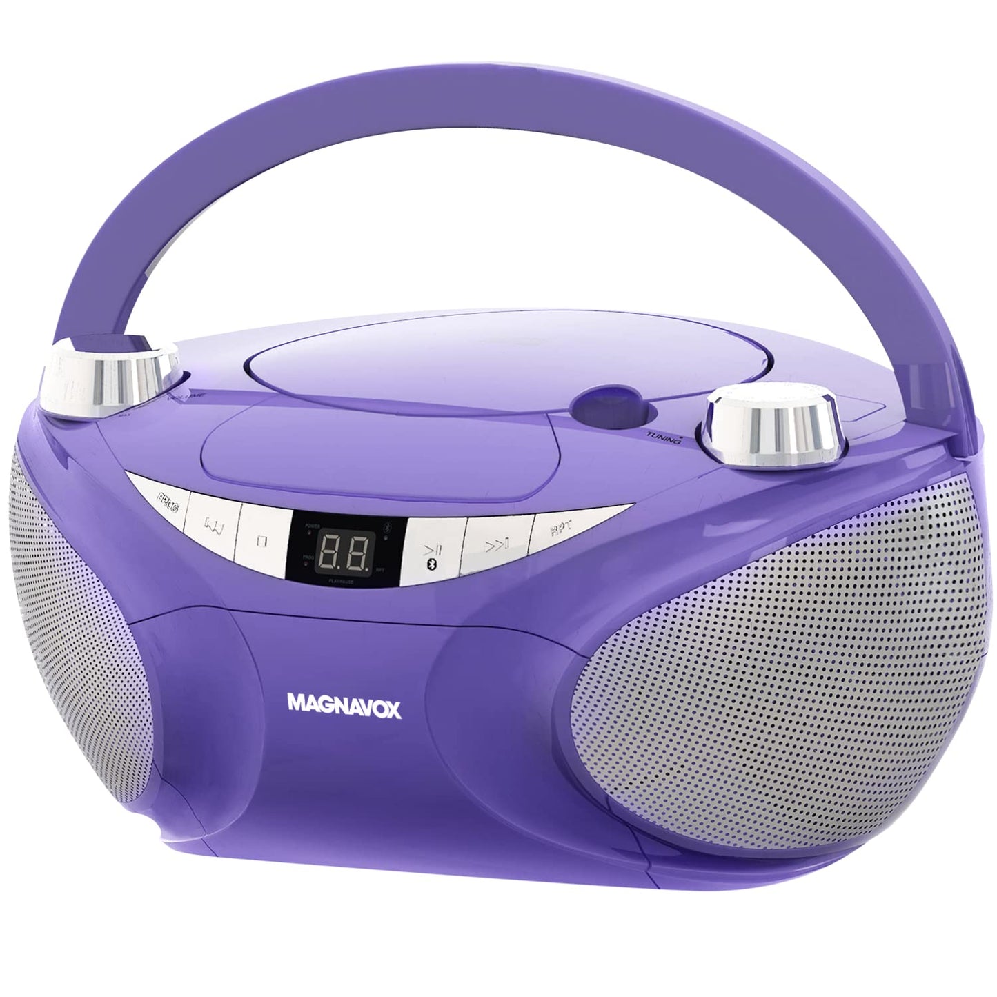 Magnavox MD6949-PL - Boombox portátil de carga superior con radio estéreo AM/FM y tecnología inalámbrica Bluetooth en color morado | Compatible con CD-R/CD-RW | visualización LED |