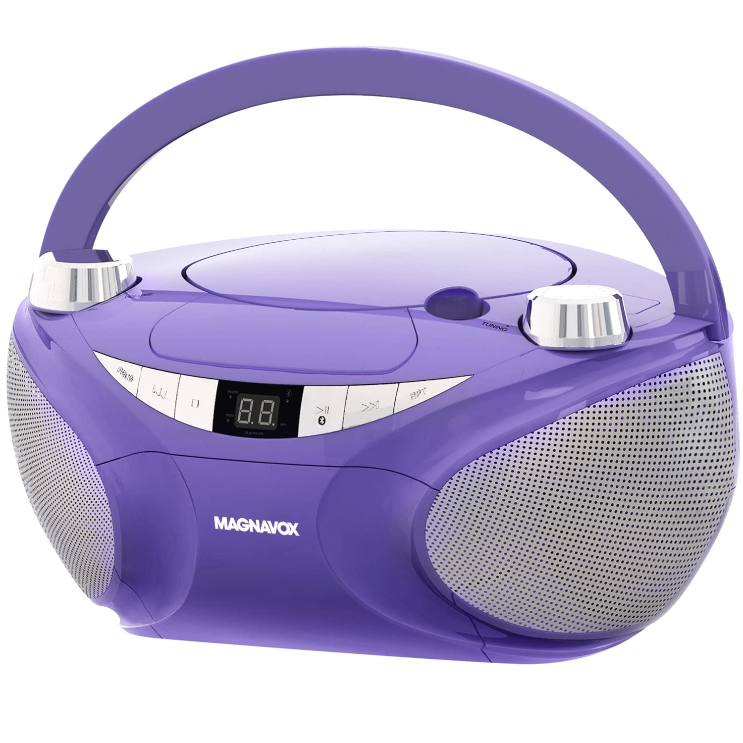 Magnavox MD6949-PL - Boombox portátil de carga superior con radio estéreo AM/FM y tecnología inalámbrica Bluetooth en color morado | Compatible con CD-R/CD-RW | visualización LED |