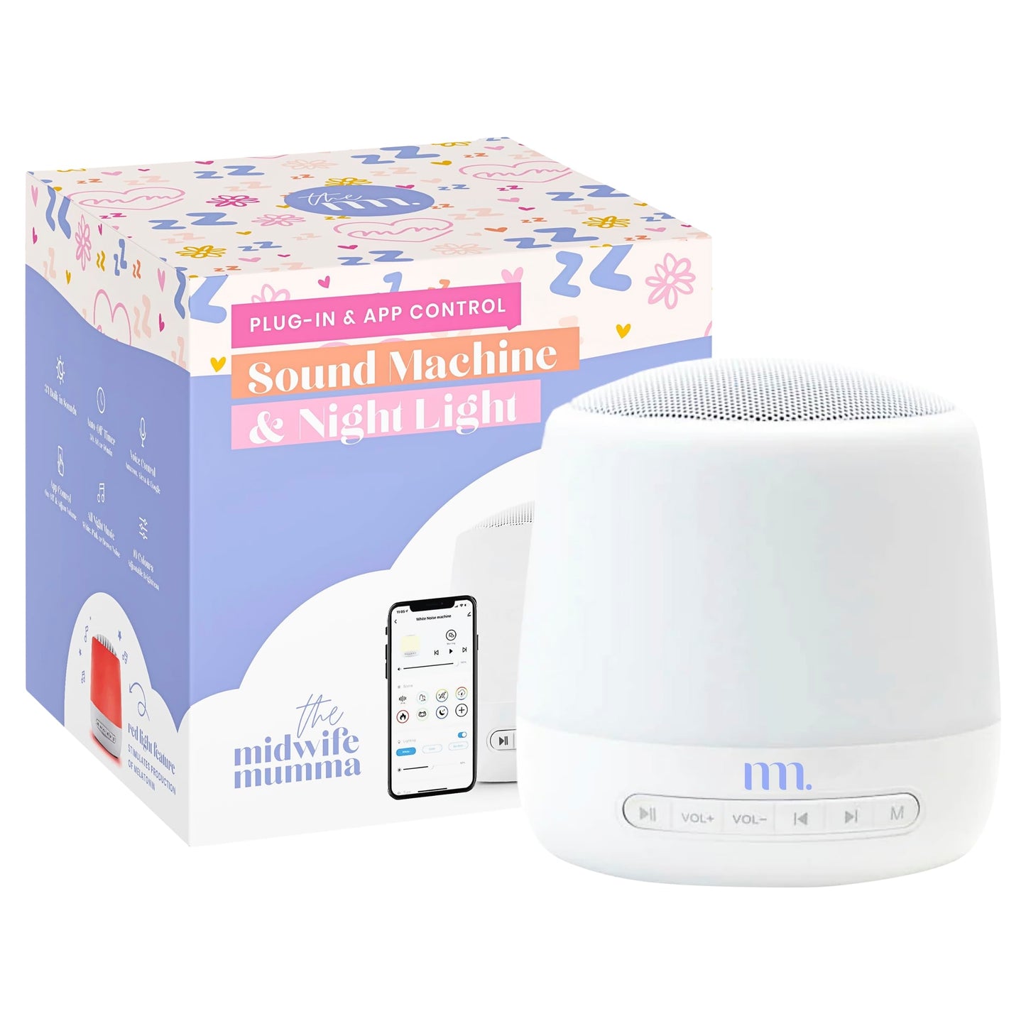 The Midwife Mumma Baby Sound Machine and Sleep Light, 34 sonidos calmantes, ruido blanco para bebés y adultos, función controlada por la aplicación