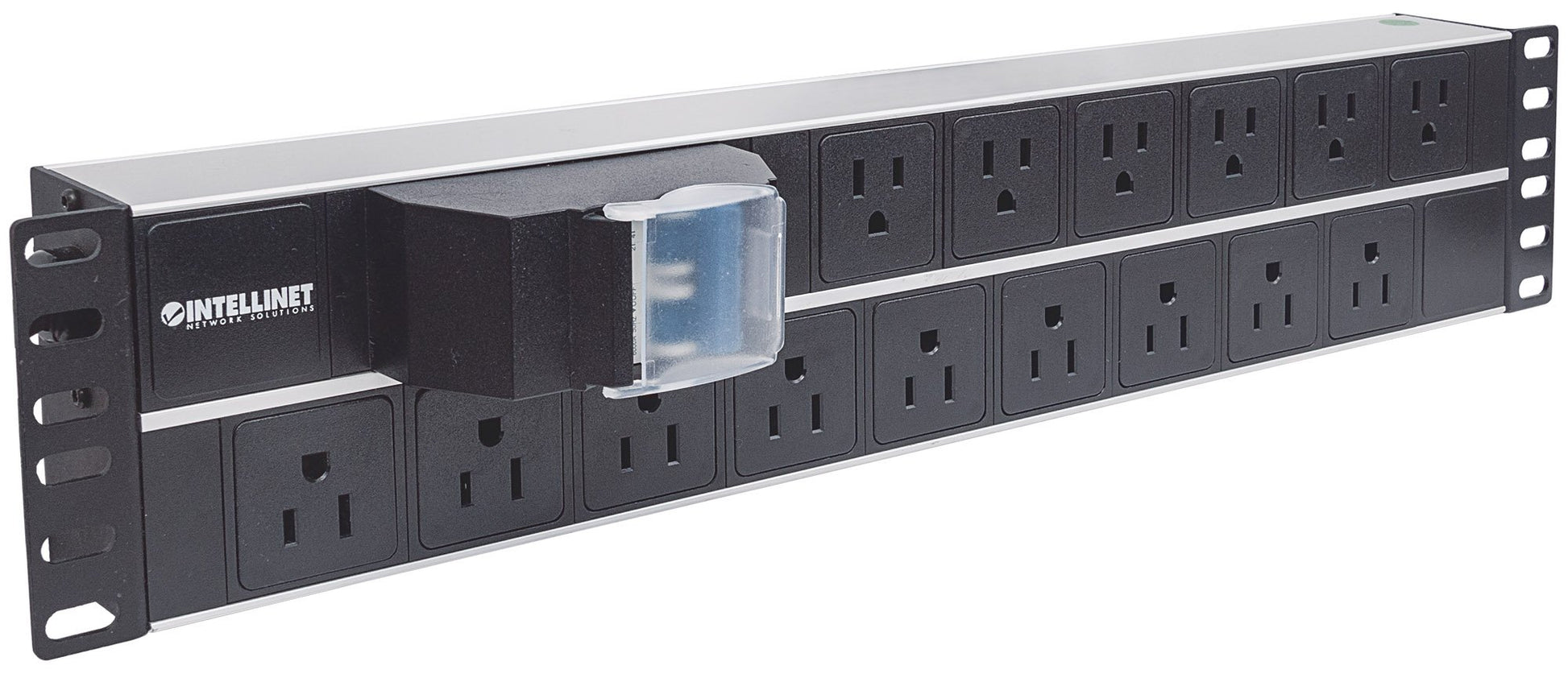 Intellinet 714075 Barra Multicontacto 15 Contactos Tipo EU – Montaje en Rack 19" 2U, Doble Interruptor, Cable 3 m, Aluminio Negro