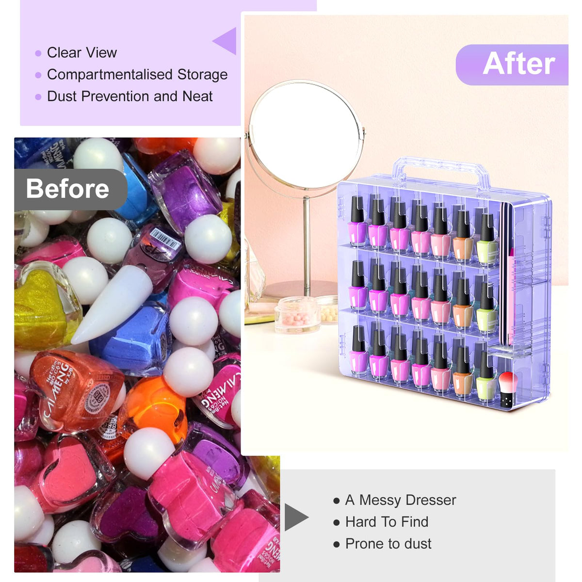 Beloving - Funda organizadora de esmalte de uñas para 48 botellas, soporte para esmalte de uñas con divisor ajustable, almacenamiento de esmalte de uñas de gel de doble cara, organizador para