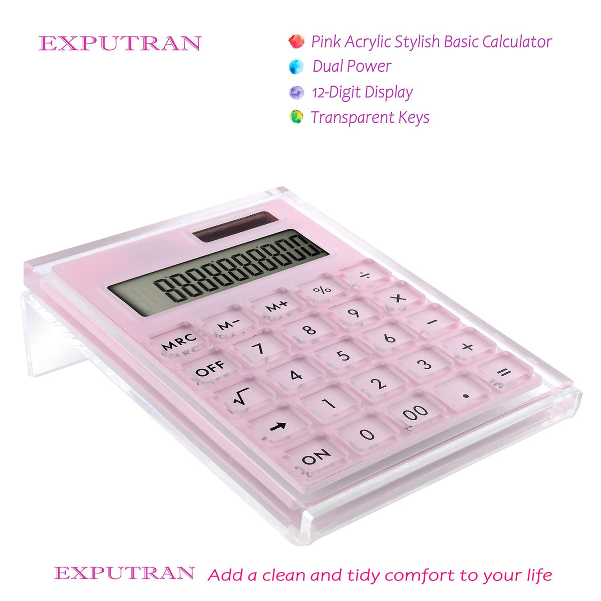 Calculadora Acrílica EXPUTRAN Rosa con Soporte y Energía Solar Híbrida de 12 Dígitos para Escritorio