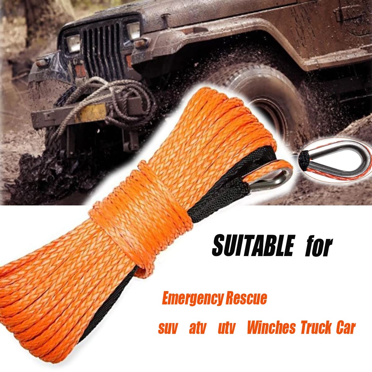 Cuerda de cabrestante sintética de 3/8 pulgadas x 50 pies, cuerda de cabrestante de nailon de 1 cm x 15 m, cuerda de cabrestante sintética de 2500 libras para cabrestantes 4WD Off Road, ATV UTV SUV Cuerda sintética (naranja) (3/8 pulgadas x 50 pies)