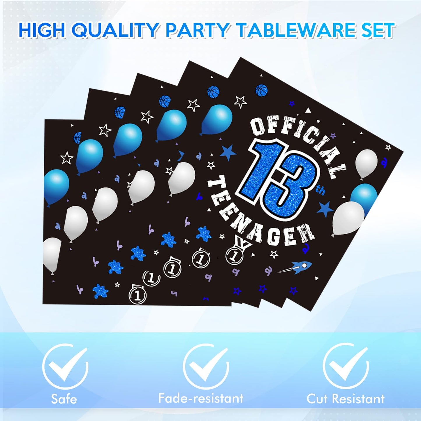 DURYGEN - Juego de 40 piezas de decoraciones de 13 cumpleaños para niños, platos y servilletas desechables de 13 cumpleaños, color azul, suministros de fiesta de 13 cumpleaños para niños y
