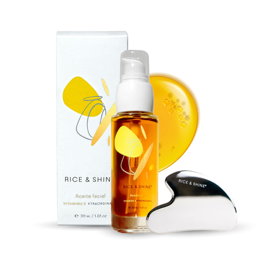 Kit de Cuidado Facial Ideal como Regalo de San Valentin | Incluye Aceite Seco de Germen de Arroz y Masajeador Gua Sha de Acero Inoxidable | Hidratación y Drenaje Linfático | Skincare para Piel Radiante | RICE & SHINE