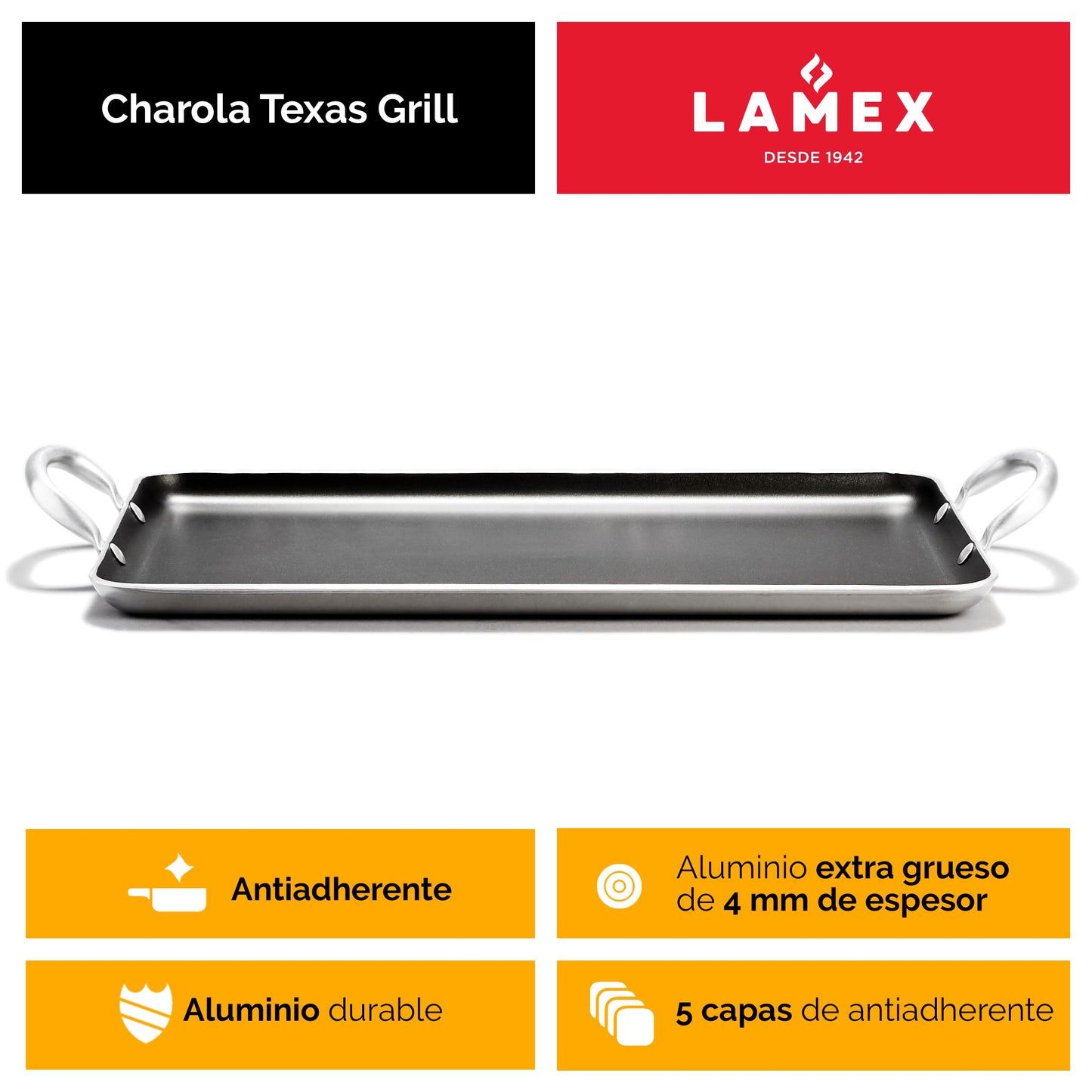LAMEX | Charola Texas Grill Antiadherente - 4mm de Espesor | Bateria de Cocina - Utensillos de Cocina | Charolas para Hornear - Ideal para tu Hogar & Cocina Integral | Resistente Asas de Aluminio
