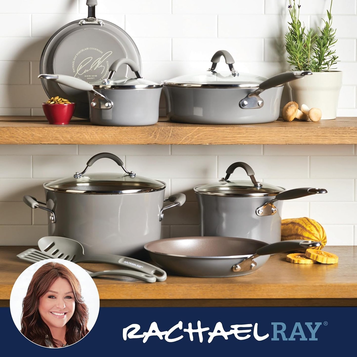 Juego de Cocina Antiadherente de Porcelana Esmaltada Dura Rachael Ray Sea Salt Gray 12 Piezas