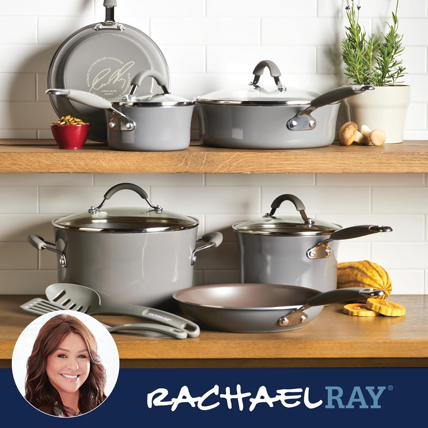 Juego de Cocina Antiadherente de Porcelana Esmaltada Dura Rachael Ray Sea Salt Gray 12 Piezas