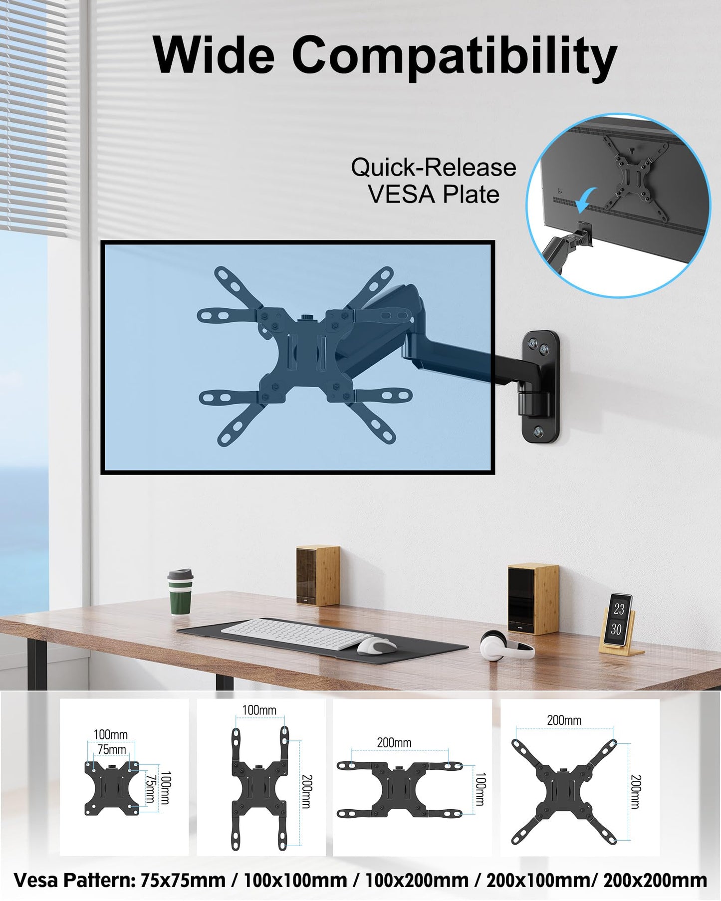 Soporte de Pared ErgoFocus Negro Ultra Ancho para Monitor de Hasta 35 Pulgadas con Brazo de Resorte de Gas