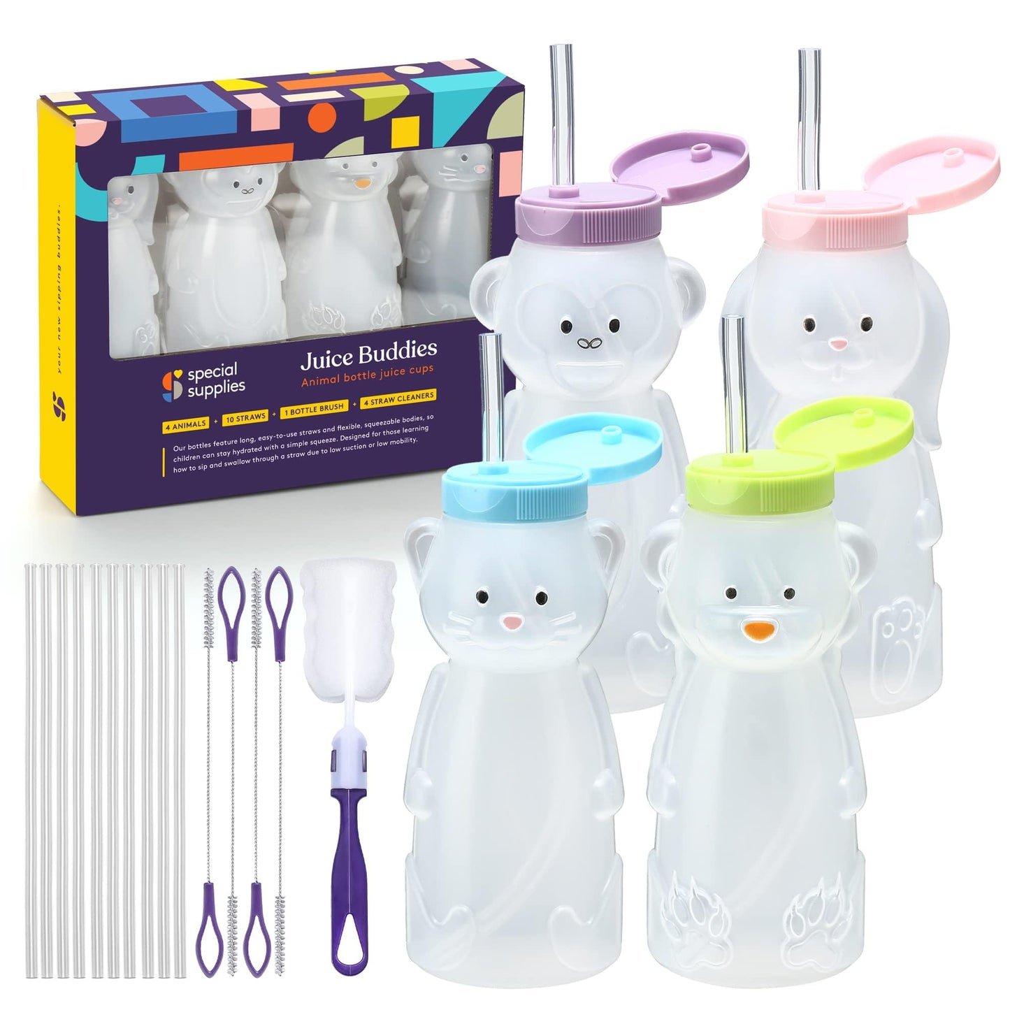 Special Supplies - Taza de pajita para bebés, paquete de 4, divertida bebida de entrenamiento con forma de animal para bebé con forma de animal para entrenamiento y destete