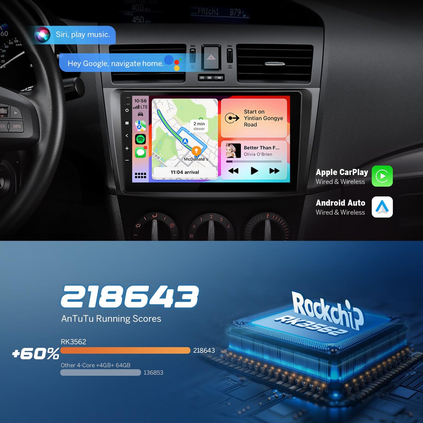 Eonon 4G+64G - Receptor estéreo para coche Android 14 para Mazda 3 2010-2013, unidad inalámbrica CarPlay y Android Auto Headunit, visualización táctil de 9 pulgadas, navegación GPS Bluetooth, AM/FM