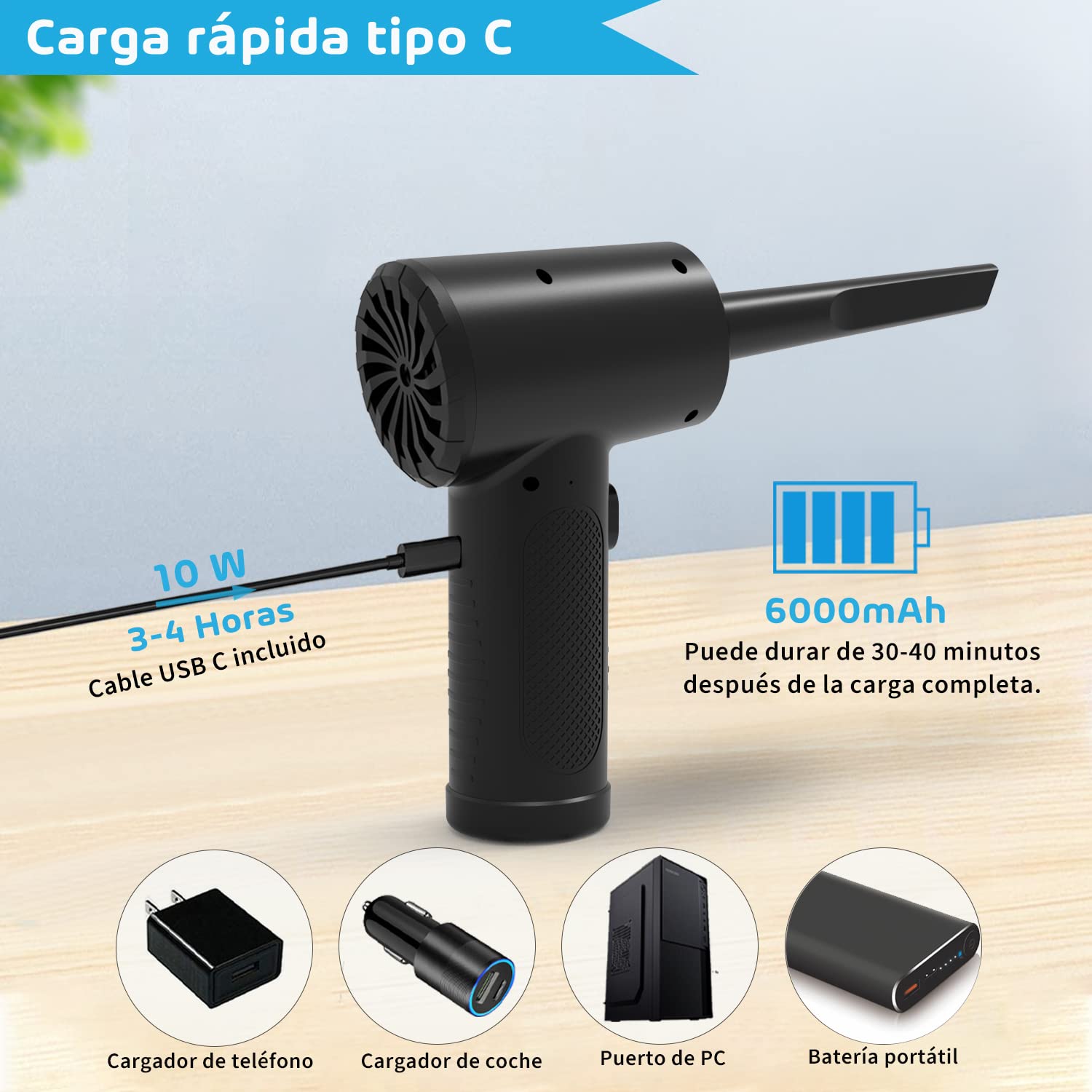 Soplador de Aire Eléctrico MESVIER Recargable 6000mAh con LED para PC y Muebles