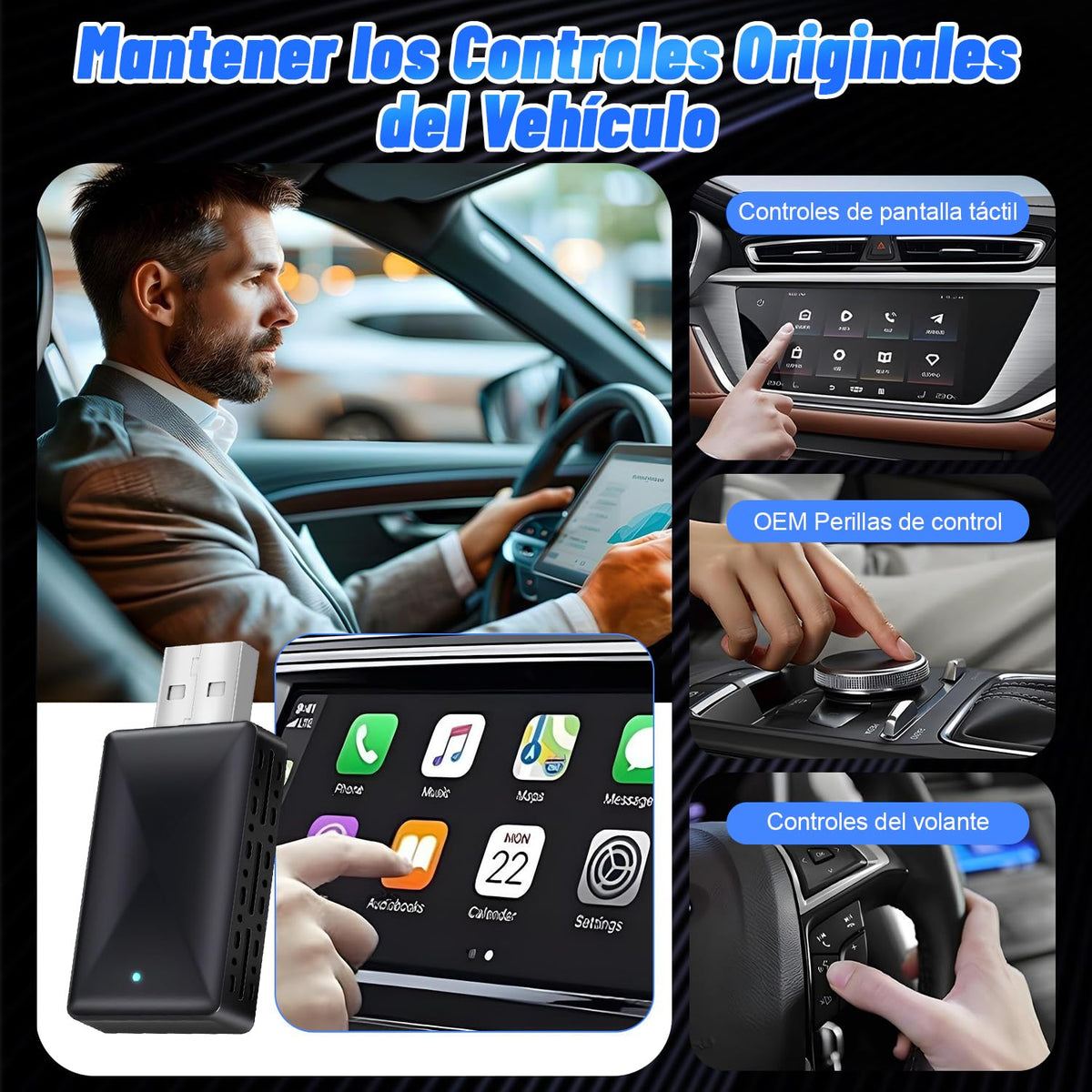 Adaptador Inalámbrico CarPlay y Android Auto, Mini 2 en 1, Blanco, Exión Rápida y Estable WiFi de 5.8 GHz con Puerto USB USB-C