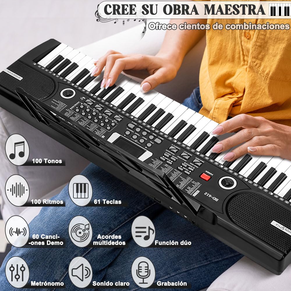 Gopnaty Piano Digital Multifuncional, Piano Eléctrico con 61 Teclas, Piano Eléctrico Multifuncional, Teclado Portátil de 61 Teclas, Piano con Función de Micrófono, Teclado Musical