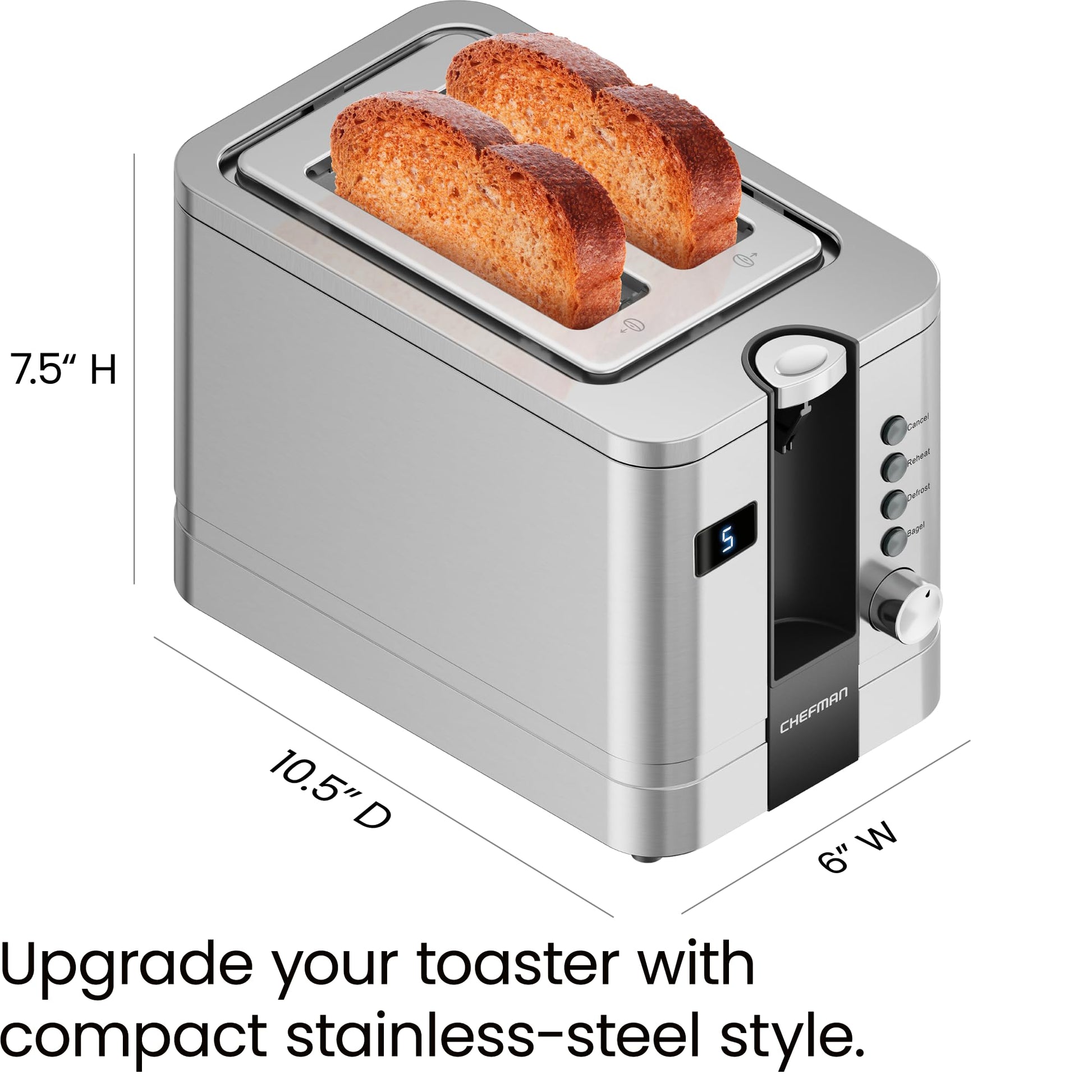 Chefman tostador digital de 2 rebanadas, pop-up, acero inoxidable, ranuras extra anchas para bagels, descongelar, recalentar, funciones de cancelación, bandeja extraíble para migas