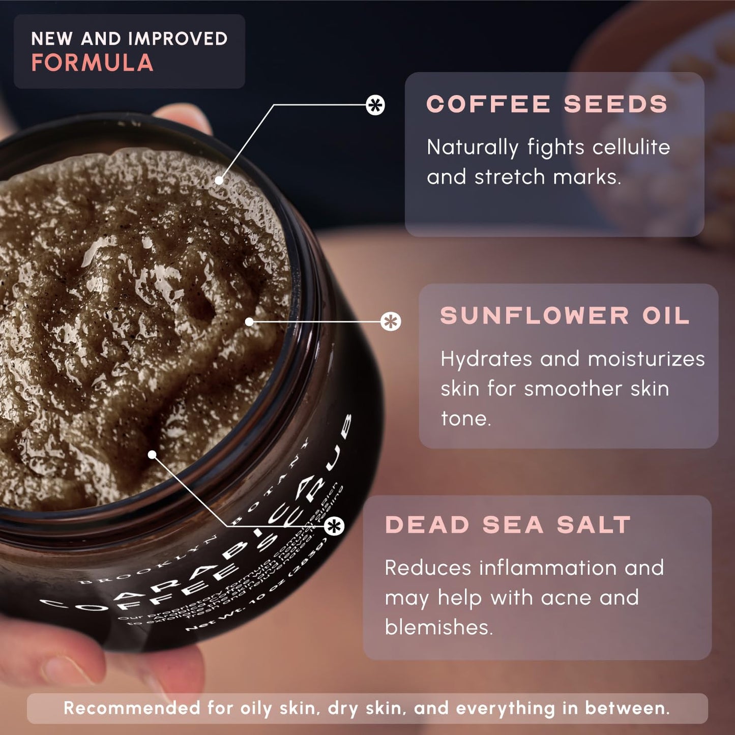Brooklyn Botany - Arabica Coffee Scrub -100% Natural - with Coconut and Shea Butter - Best Anti Cellulite and Stretch Mark Treatment, Spider Vein Therapy for Varicose Veins & Eczema - 10 oz
