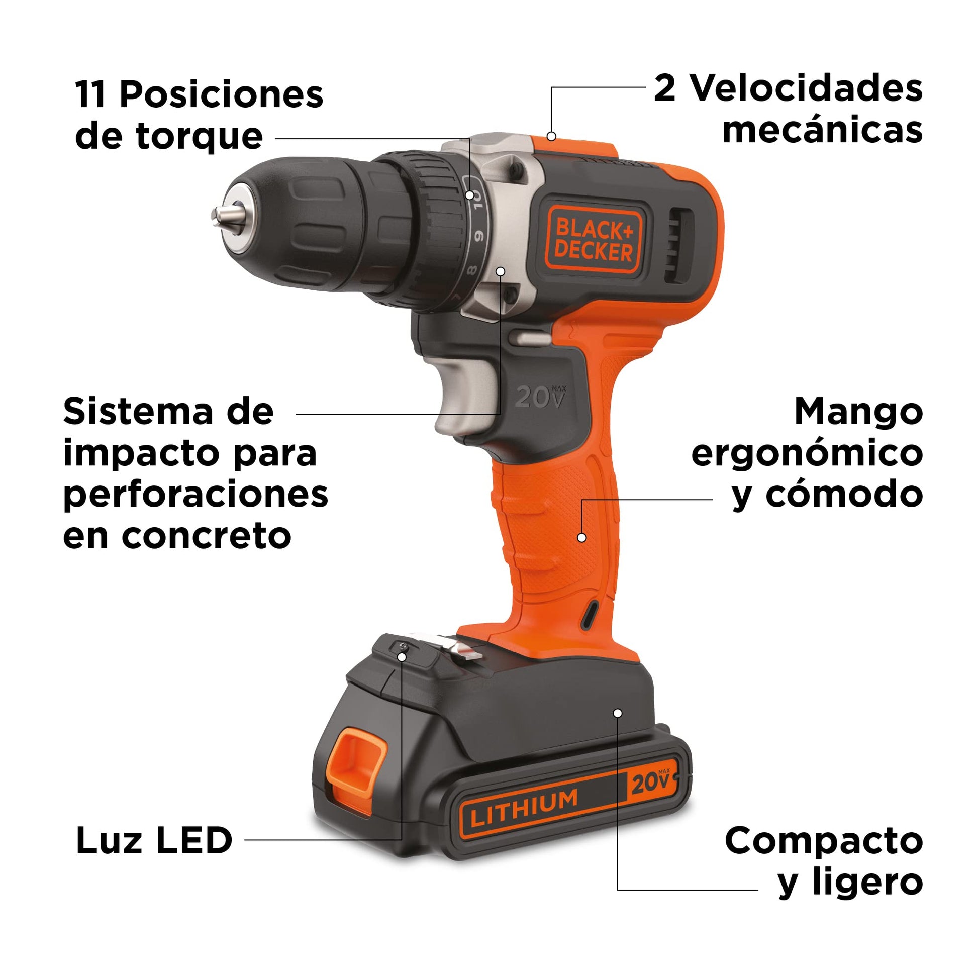 BLACK+DECKER Taladro Inalámbrico Atornillador, 3/8" (10mm), 2 Velocidades, 20V máx, BCD703C1
