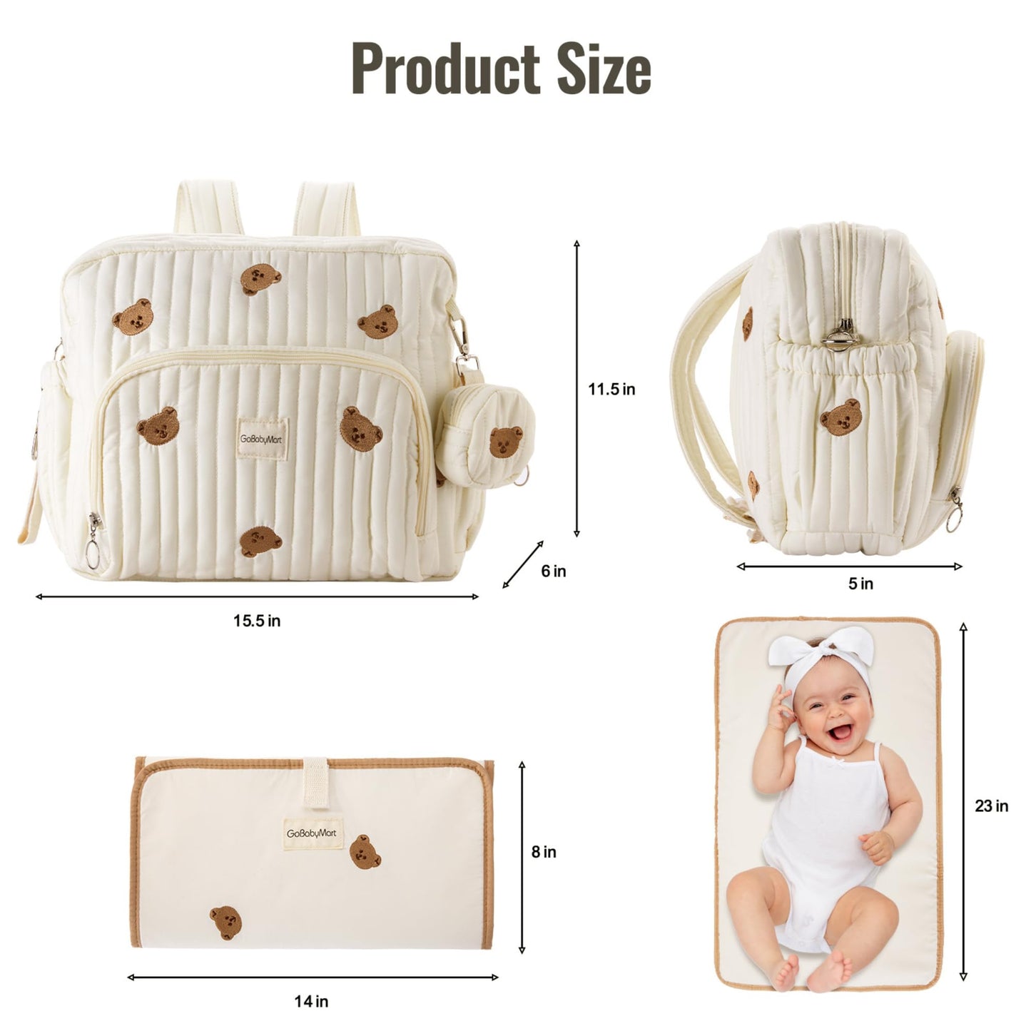 GOBABYMART - Mochila para pañales con cambiador, bolsa de viaje para bebé, bolsillos aislados para botellas, correas para carriola (medianas, ositos beige)