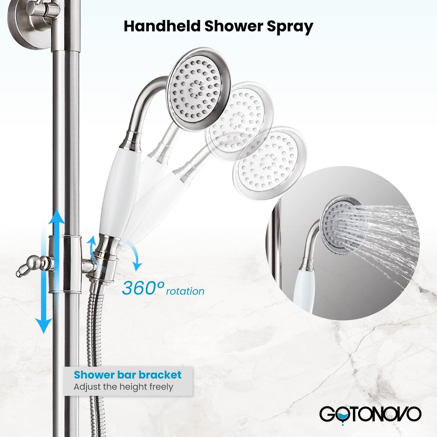Gotonovo - Sistema de ducha de baño expuesto, accesorio de ducha clásico de 8 pulgadas, cabezal de ducha de lluvia de mano, llenador de tina de latón de 3 funciones, montaje en pared, doble perilla de