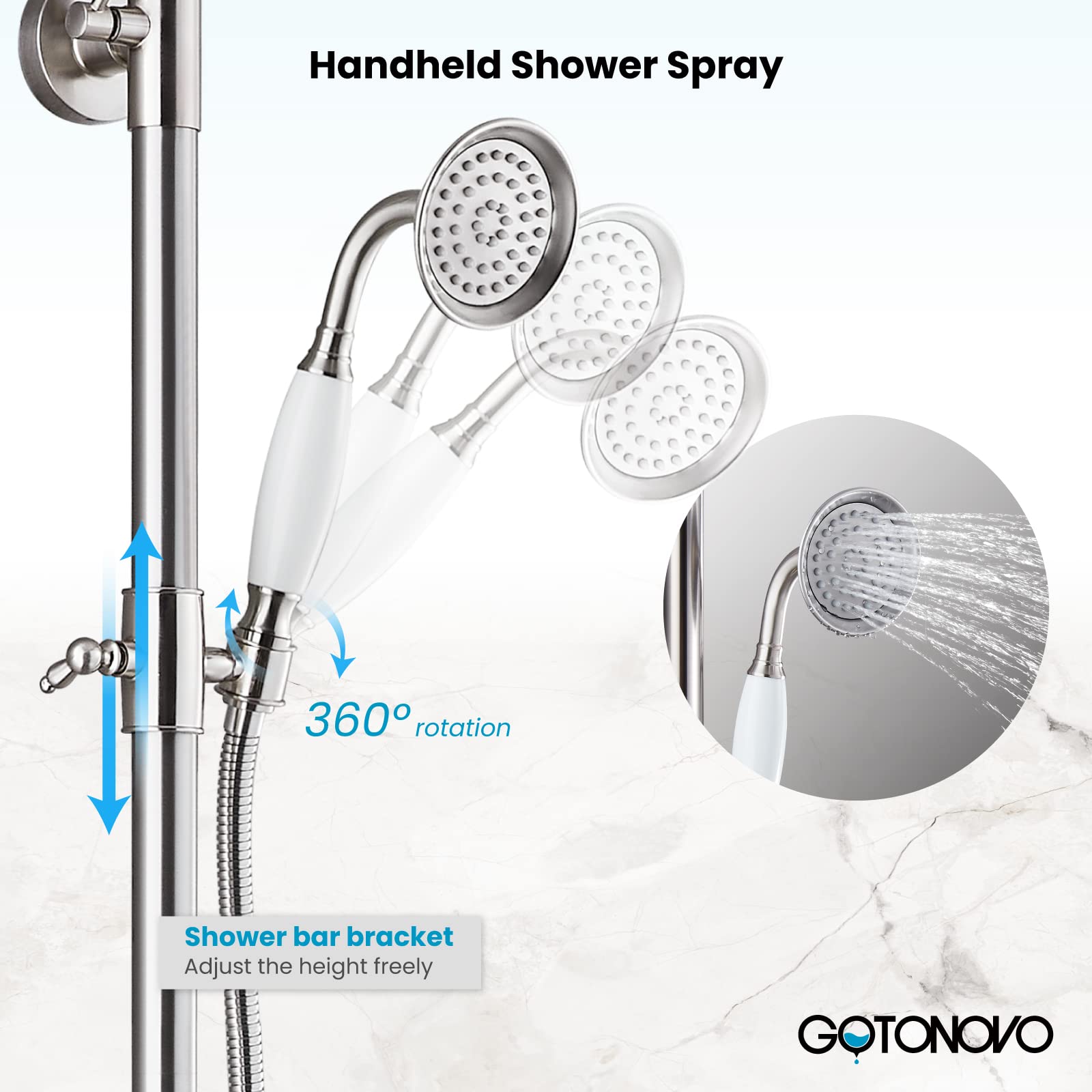 Gotonovo - Sistema de ducha de baño expuesto, accesorio de ducha clásico de 8 pulgadas, cabezal de ducha de lluvia de mano, llenador de tina de latón de 3 funciones, montaje en pared, doble perilla de