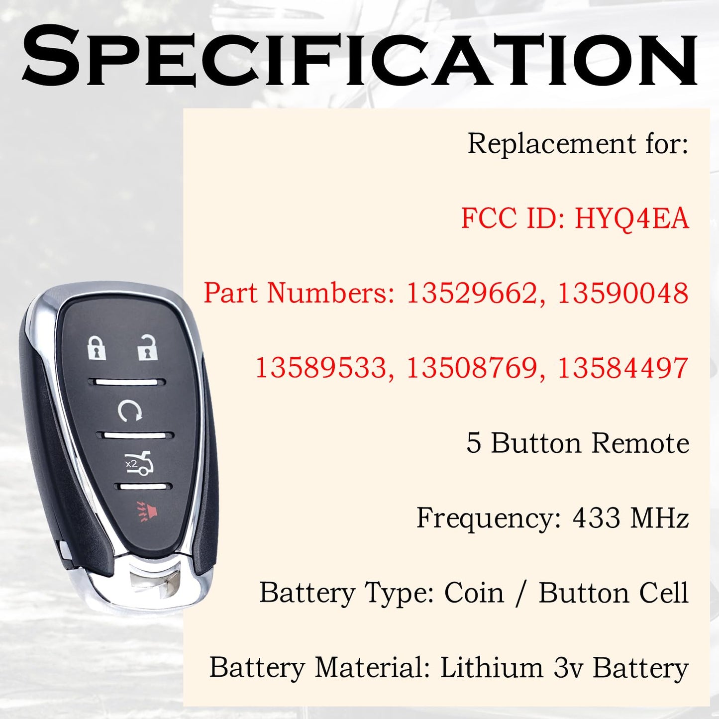 Llavero de repuesto para Chevy Cruze Malibu Camaro Push Start 5 botones 2016 2017 2018 2019 2020 2021 Smart Proximity Entrada sin llave de arranque remoto 13508769 13584497 13529662 433Mhz HYQ. 4EA EA