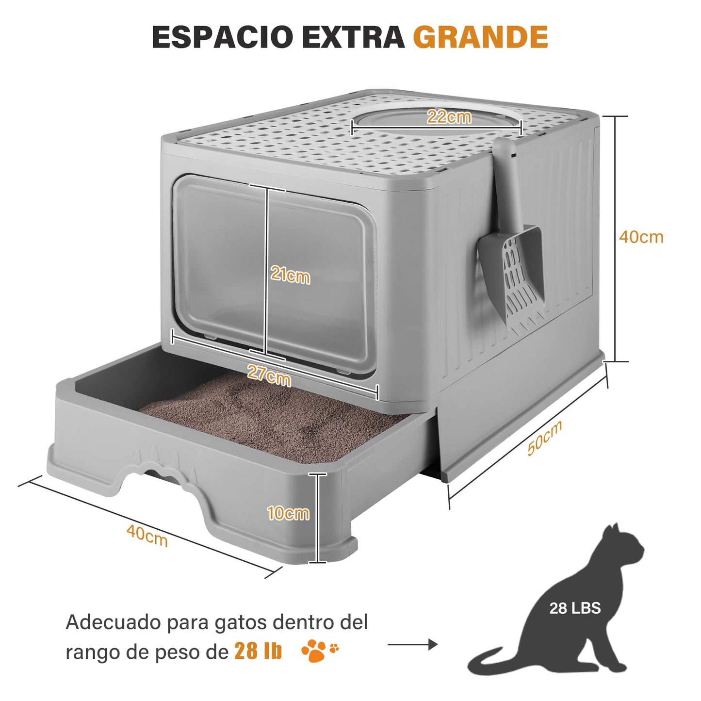 Arenero Plegable TXG Gris Oscuro con Cajón para Gato Grande hasta 12,5 kg