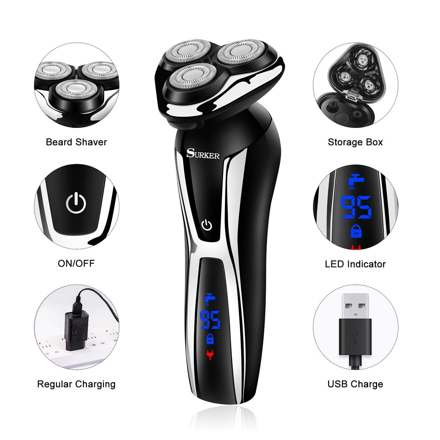 SURKER Maquinilla de afeitar eléctrica sin cable para barba para hombres, recortadora de pelo de nariz 3 en 1, kit de aseo más 1 cepillo de limpieza facial impermeable, recargable por USB, seco y húmedo