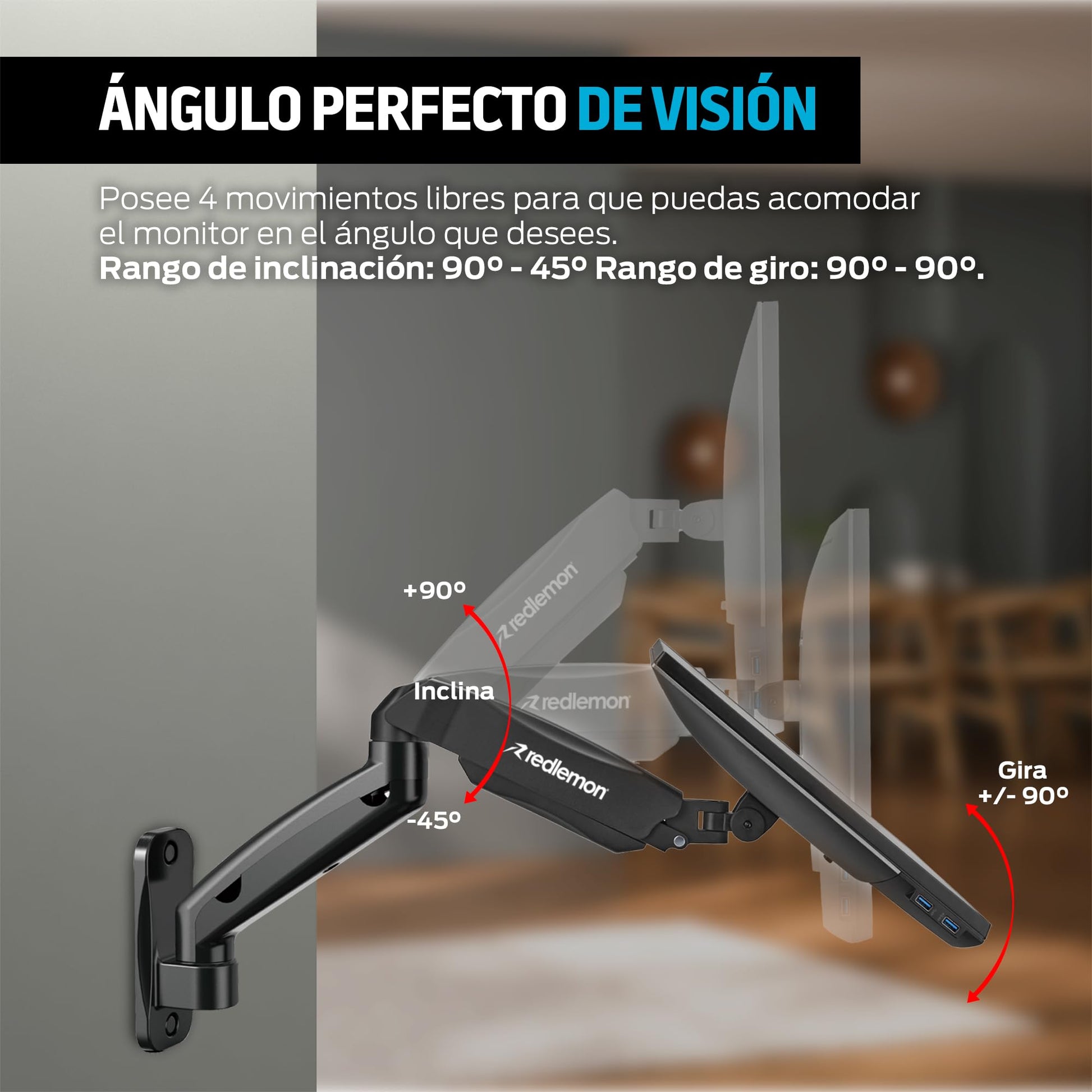 Soporte de Escritorio Redlemon Negro con Brazo Hidráulico para Monitores de 17 a 32 Pulgadas Compatible con VESA