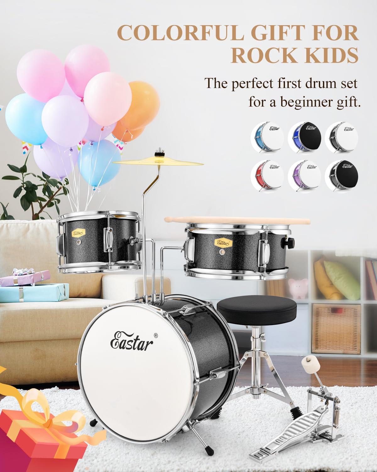 Eastar EDS-180B - Juego de 3 tambores infantiles con trono, platillo, pedal y baquetas, color negro metalizado