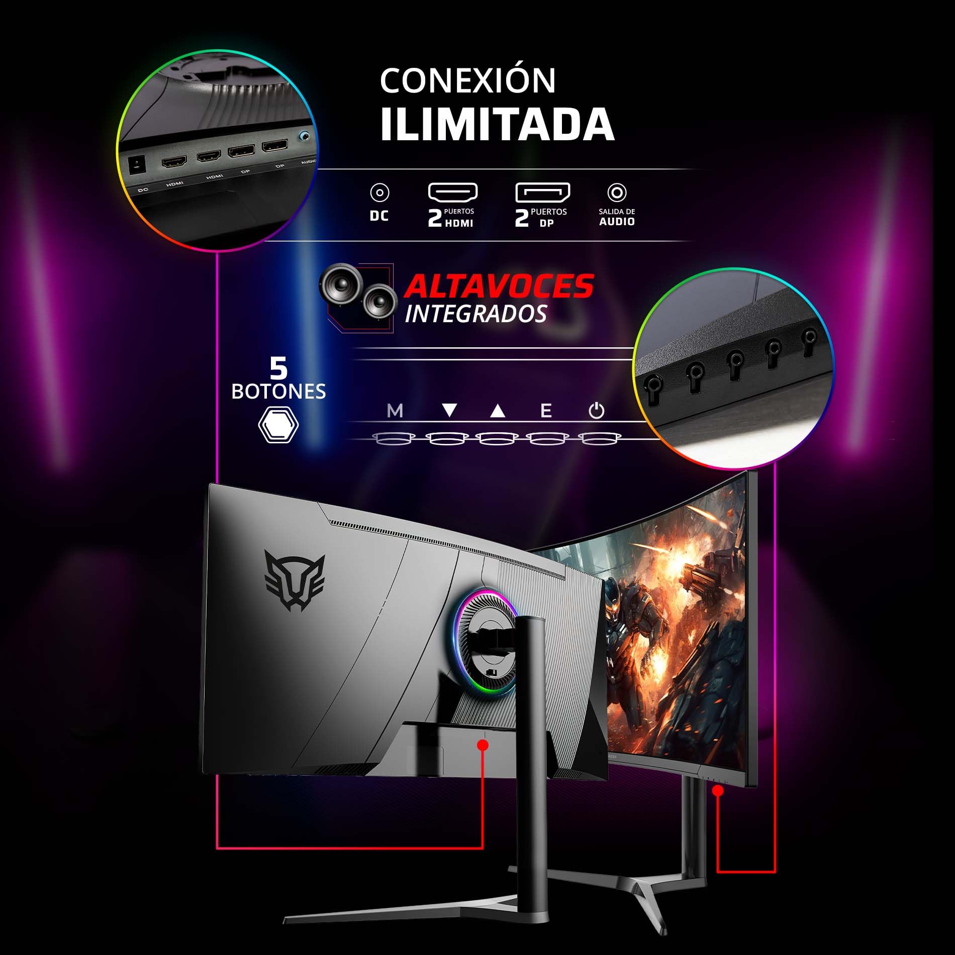 Balam Rush Monitor Gamer Curvo de 34" VA/Ultra Explorer MXT34P / 2K / 165 Hz / 1ms / Bocinas/Altura Ajustable/RGB/VESA 100 x 100, Negro