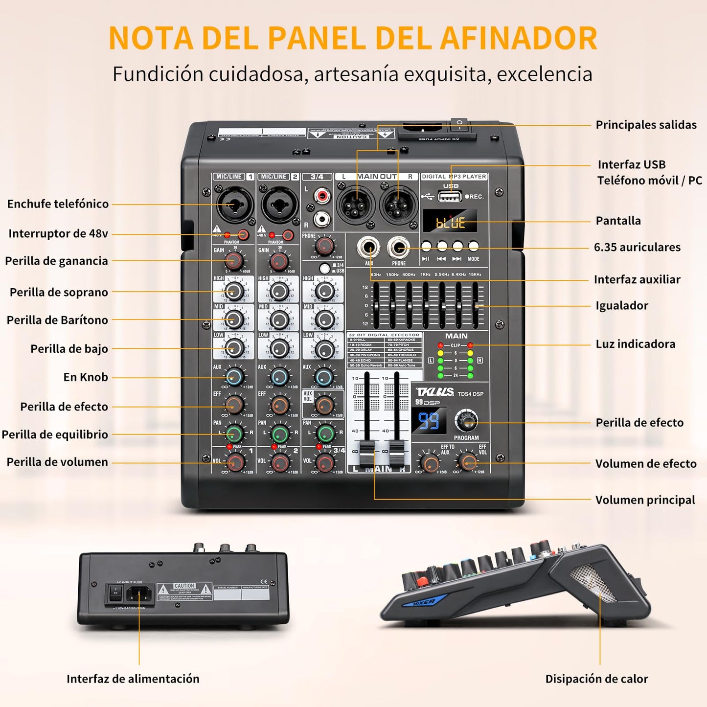 Mezclador de Audio TKLBLS Estéreo con Consola de Mezcla DSP de 4 Canales y Salida de EQ de 7 Bandas