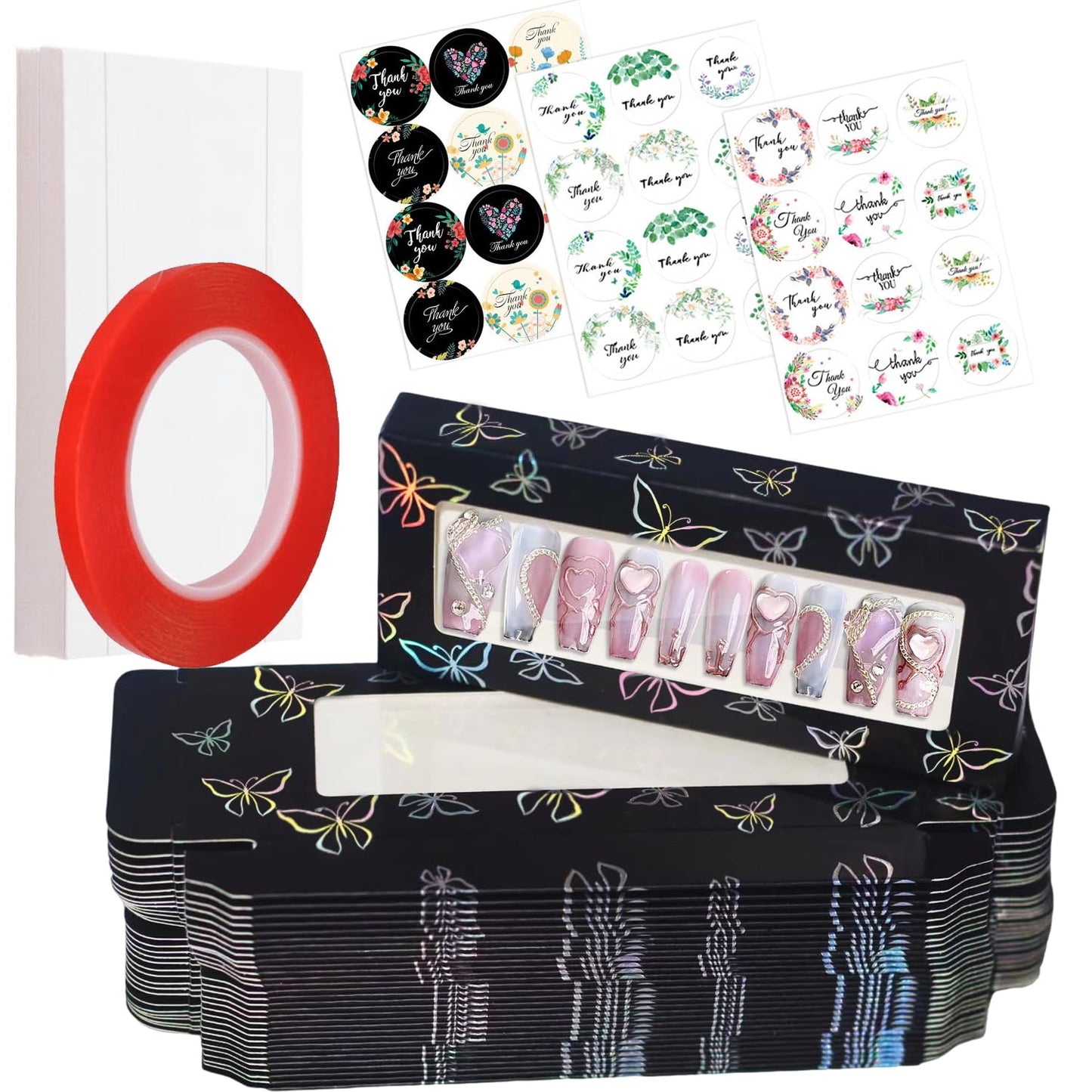 Yazabai- Juego de 74 cajas de paquete de uñas vacías: recibirá 35 cajas de decoración de uñas, 35 hojas de cartulina blanca, 3 hojas de pegatinas de agradecimiento al azar (36 pegatinas pequeñas inclu