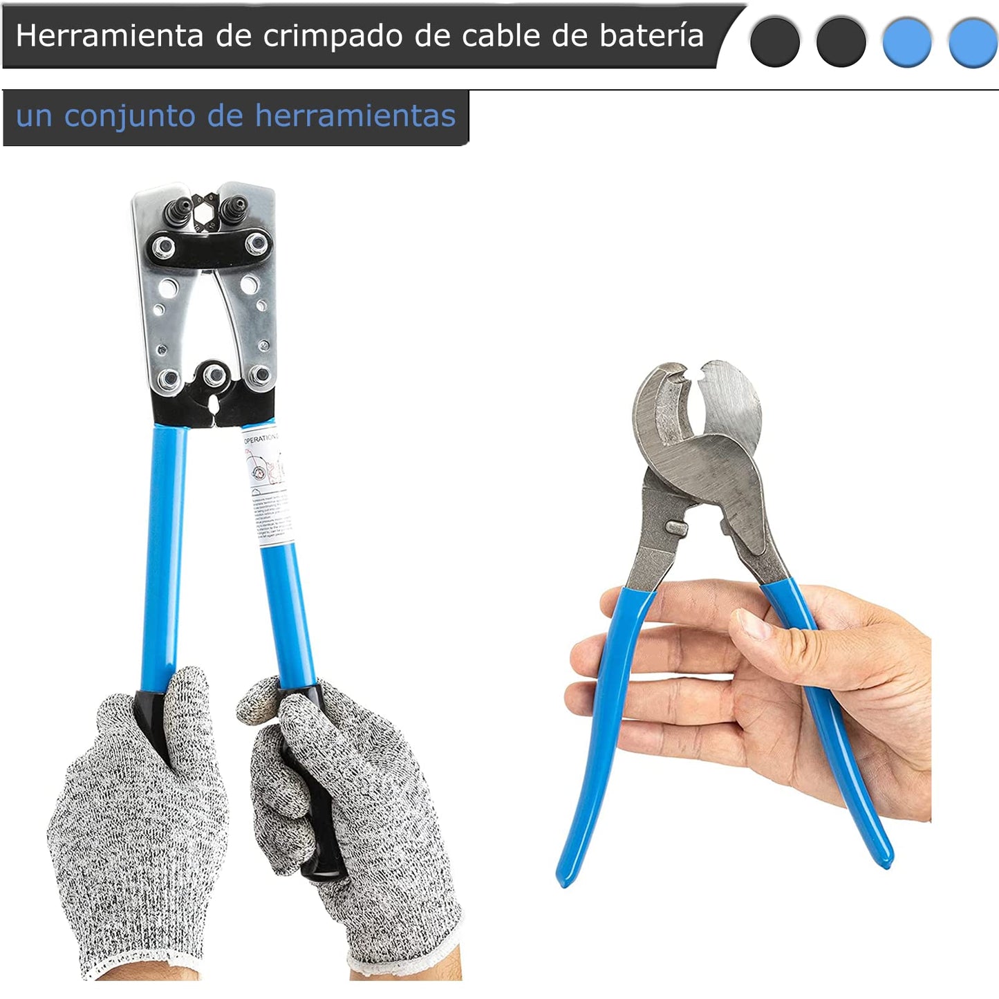 Herramienta de crimpado de cable de bateria, Crimpadora de Cable de Bateria con Cortador de Cables, Herramienta de crimpado para terminales de alambre resistentes de 8, 6, 4, 2, 1, 1/0 AWG