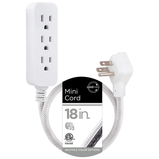 Cordinate Designer Regleta de enchufes de 3 Salidas, Cable de extensión Trenzado de 2 pies, Adaptador con conexión a Tierra, Enchufe Plano de bajo Perfil, listado en UL, Blanco, 47297