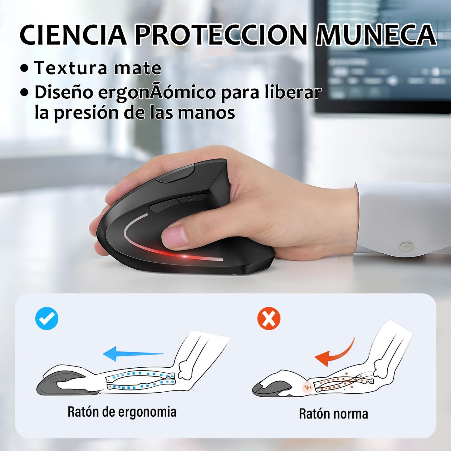 KIROGILY Mouse Inalámbrico Ergonómico Recargable, Mouse Vertical de Bluetooth y 2.4Ghz con 3 DPIs Ajustables, Mouse Mate de 6 Botones con Receptor USB, Compatible con Sistema Windows y Mac.(Negro)