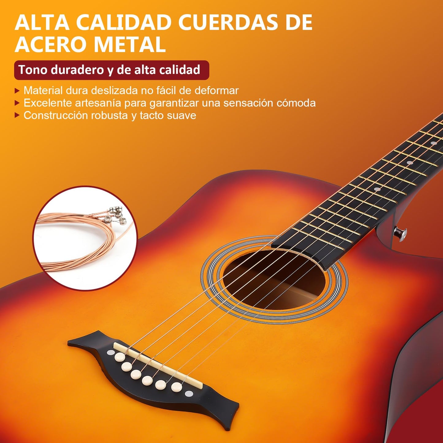 Guitarra Acústica, MTQ Guitarra Acustica con Estuche, Correa, Cuerdas, Púas, Guitarra Acustica de 38 Pulgadas, 6 Cuerdas de Metal. (Marrón)