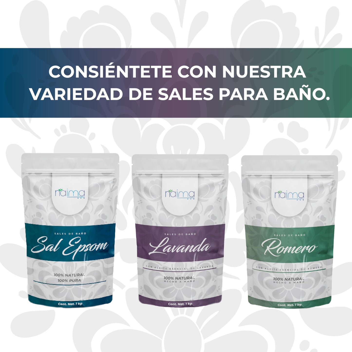 NAIMA Sal Epsom Lavanda, 1kg | Sulfato de Magnesio 100% Puro y Vegano | Baños Relajantes y Terapéuticos con Aroma de Lavanda | Ideal para Cuidado de Piel y Pies | Sin Colorantes Artificiales