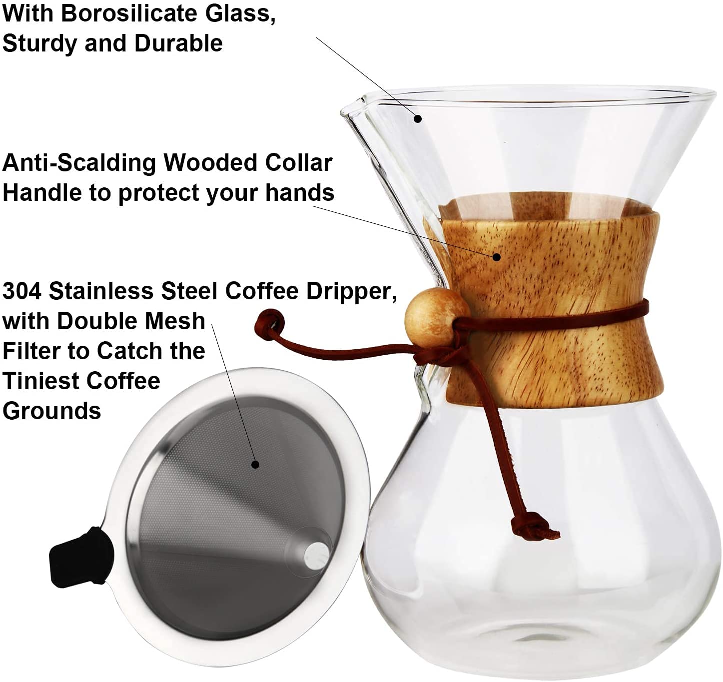 JoalGfda 400ml New Juego de cafetera Pour Over, jarra de vidrio sin papel con filtro de acero inoxidable 304, cafetera de vidrio reutilizable, goteador de café manual, goteo manual