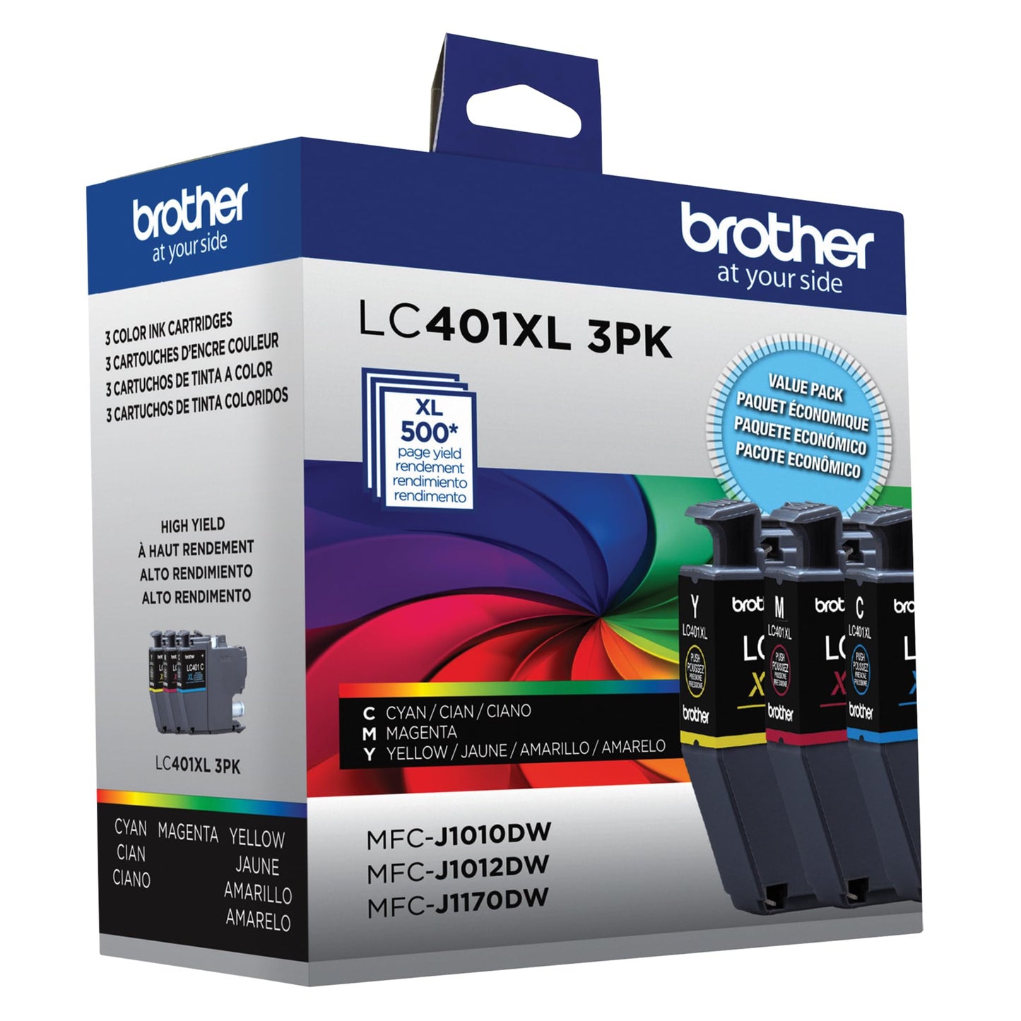 Brother LC401XL - Paquete de 3 Cartuchos de Tinta de Alto Rendimiento, Incluye 1 Cartucho de Tinta Cian, Magenta y Amarillo.