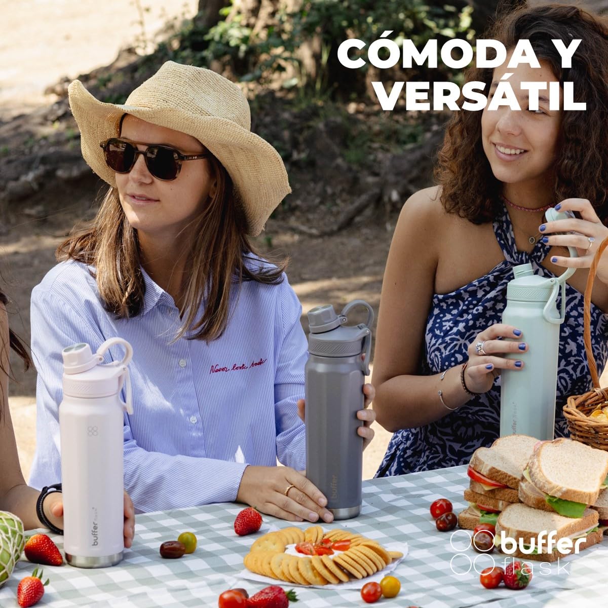 BUFFER FLASK - Termo de Acero Inoxidable | Botella de Agua Aislante, Termos Agua Fría (24 horas) o Caliente (12 horas) | Antigoteo, Hermético | Incluye tapas | 700 ml - 24 Oz| Color Cool Grey