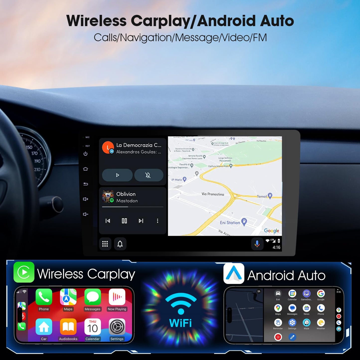 Carplay - visualización portátil para coche, coche de 9 pulgadas, inalámbrica CarPlay y Android Auto, cámara de respaldo, estéreo de coche doble din, navegación GPS, ZLink, receptores de audio